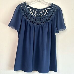 VIVIENNE TAM Blue Silk Blouse with Lace Appliqué Neckline size S